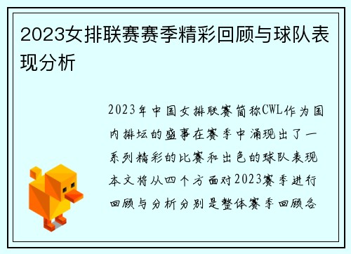 2023女排联赛赛季精彩回顾与球队表现分析