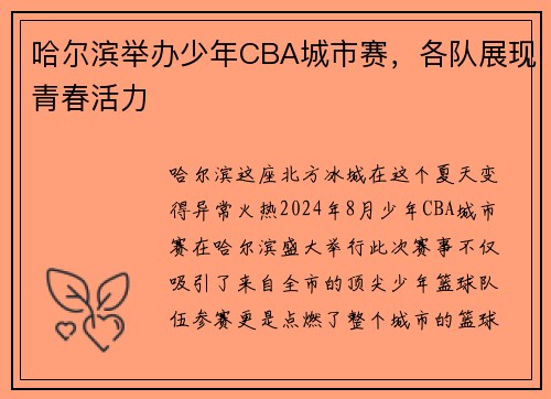 哈尔滨举办少年CBA城市赛，各队展现青春活力